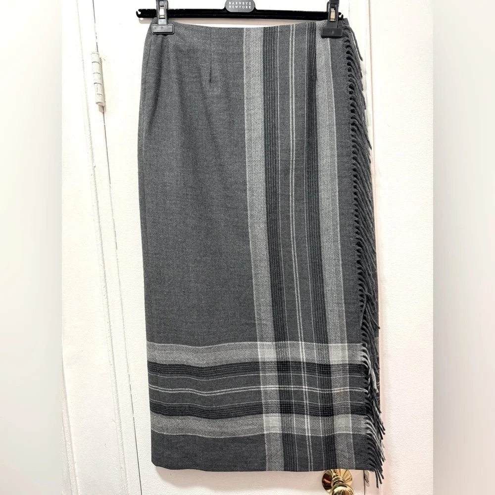Vintage Talbots Fringe 100% Wool Wrap Midi Skirt Gray Plaid equestrian checkered - Picture 1 of 3
